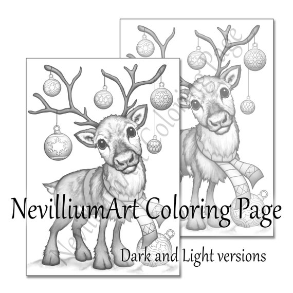 Reindeer games christmas grayscale coloring page nevilliumart instant download printable jpeg pdf files
