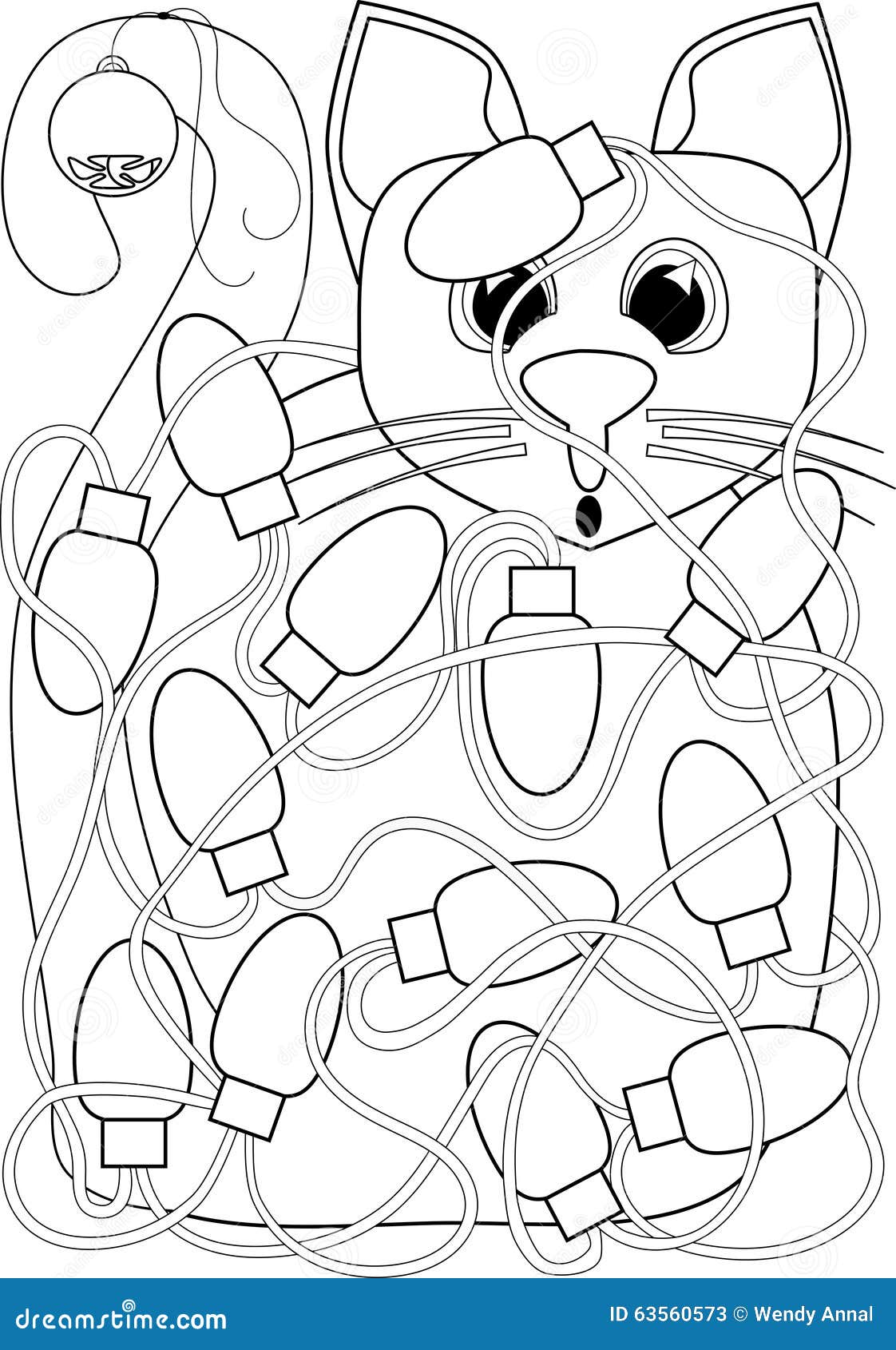 Cat tangled in christmas lights coloring page stock illustration