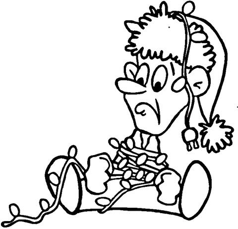 Elf tangled in christmas lights coloring page free printable coloring pages