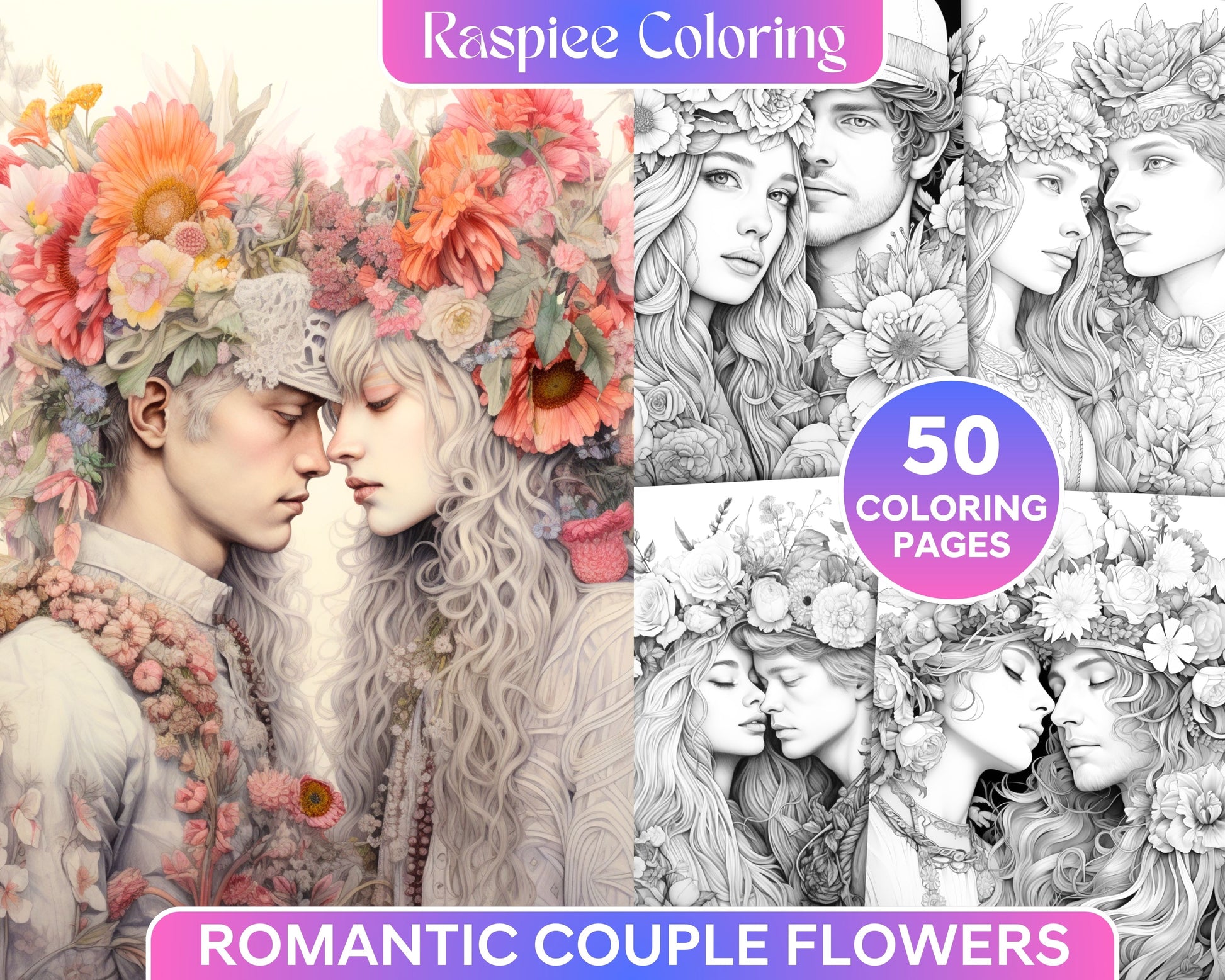 Romantic couple flowers grayscale coloring pages printable for adul â coloring