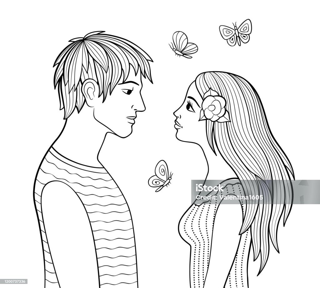 Young couple coloring page for adults stock illustration