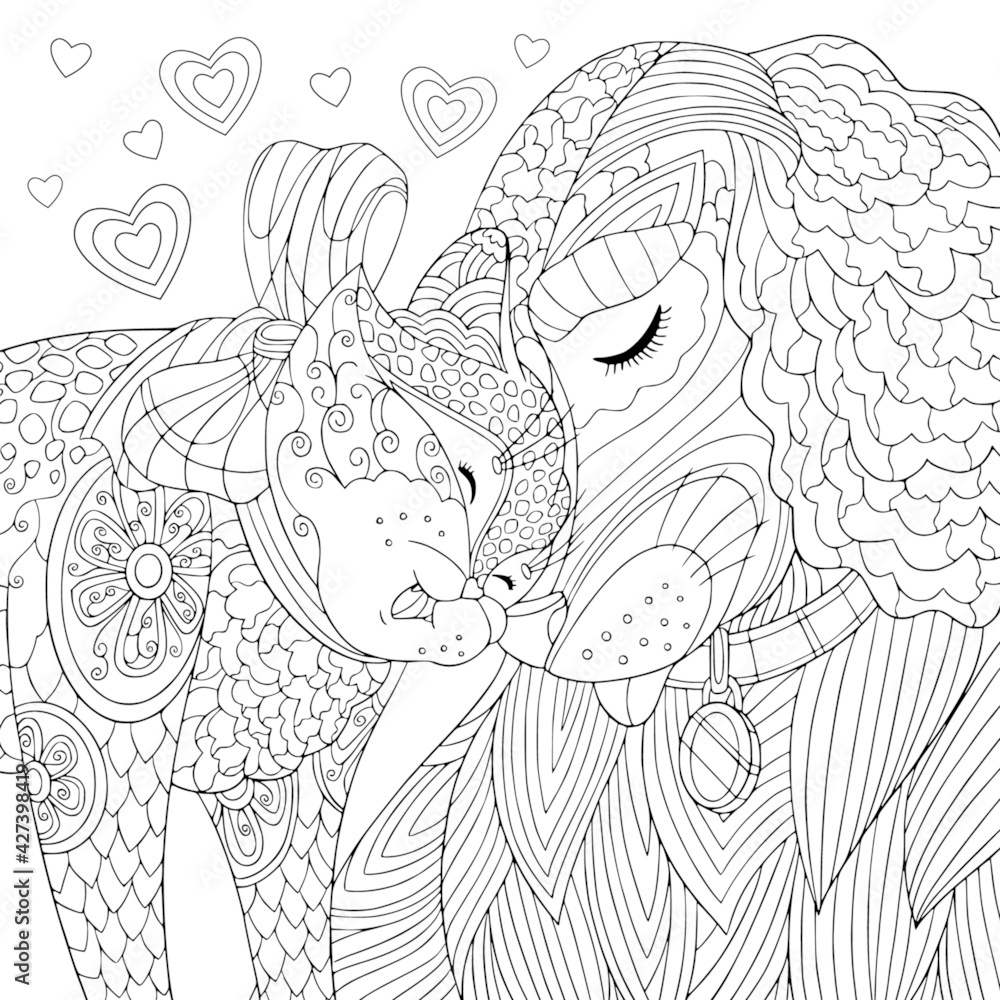 Lovely pets coloring book page cute fluffy cat and dog together smile friendly relationship between pets vector outline art with zentangle elements vector