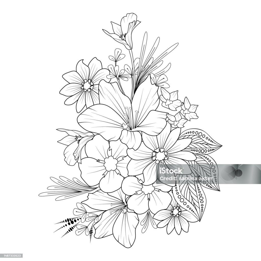Flower cluster drawing relaxation flower coloring pages for adults detailed flower coloring pages doodle flower art doodle flower art drawing doodle flower drawing flower drawing doodle art zentangle art stock illustration
