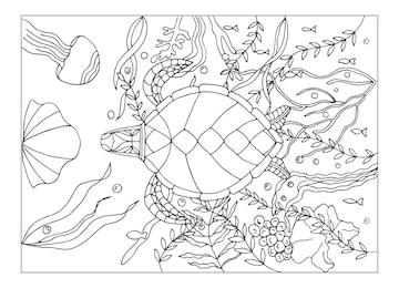 Premium vector a floating turtle coloring page turtles handdrawn for relaxation and stress relief coloring book for adults with doodles zentangle design elements