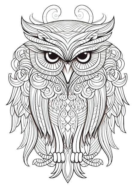 Premium ai image owl coloring page for adults fullbody owl with doodles for relaxation and stress relief
