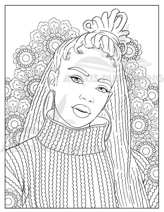Black women adult coloring page melanin girl illustration for stress relieving and relaxation instant download printable page