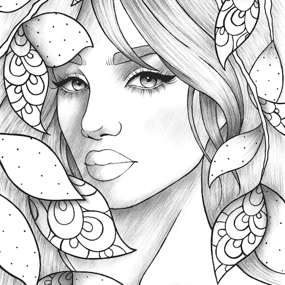 Adult coloring page girl portrait and leaves colouring sheet floral pdf printable anti