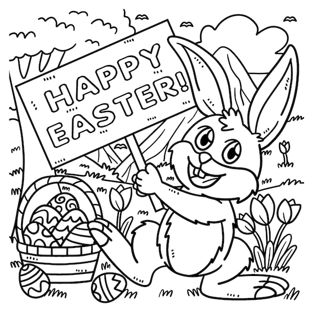Lapin tenant joyeuses pãques ã colorier pour les enfants vecteur premium