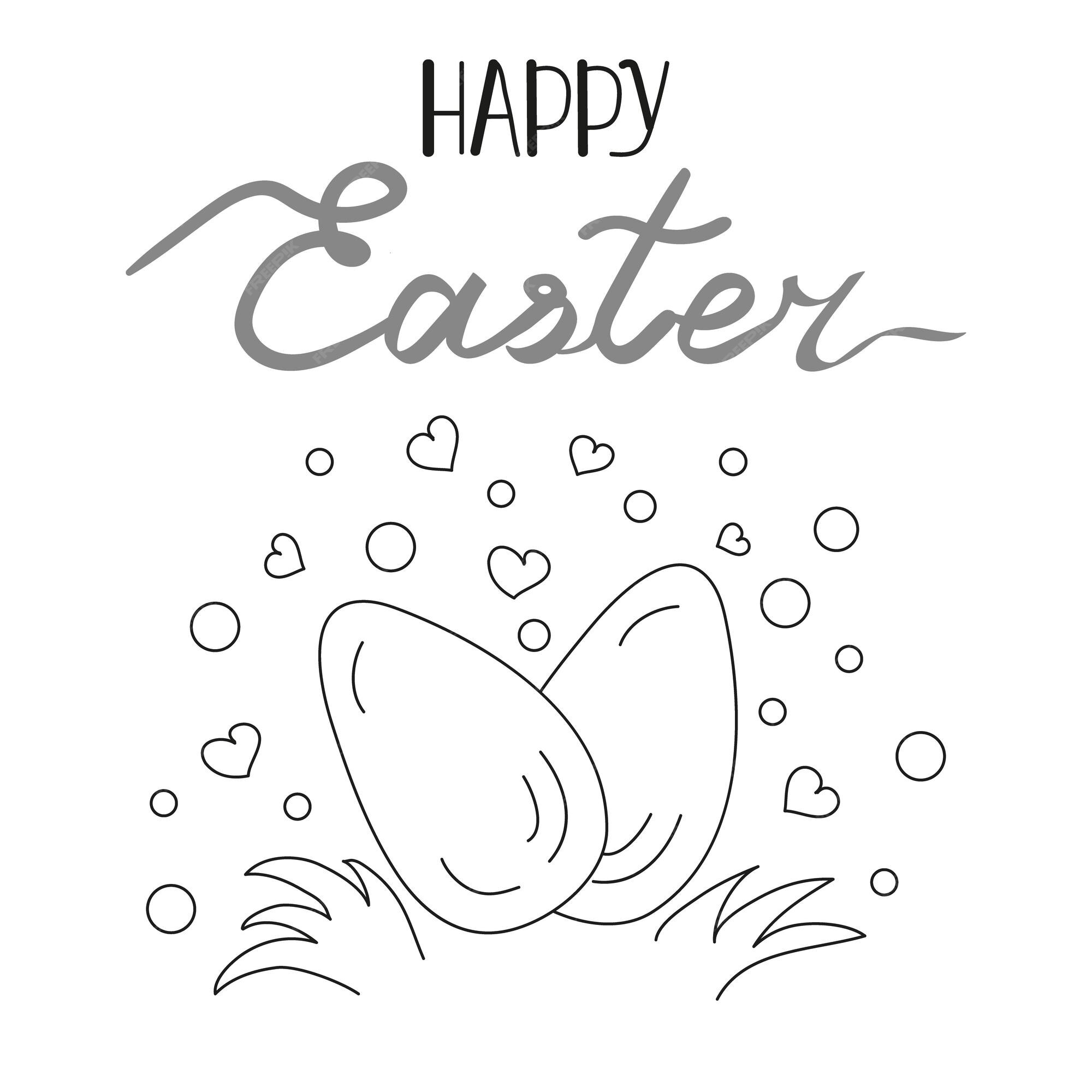 Joyeuses pãques carte avec oeufs coeurs gress et lettrage illustration vecrot noir et blanc vecteur premium