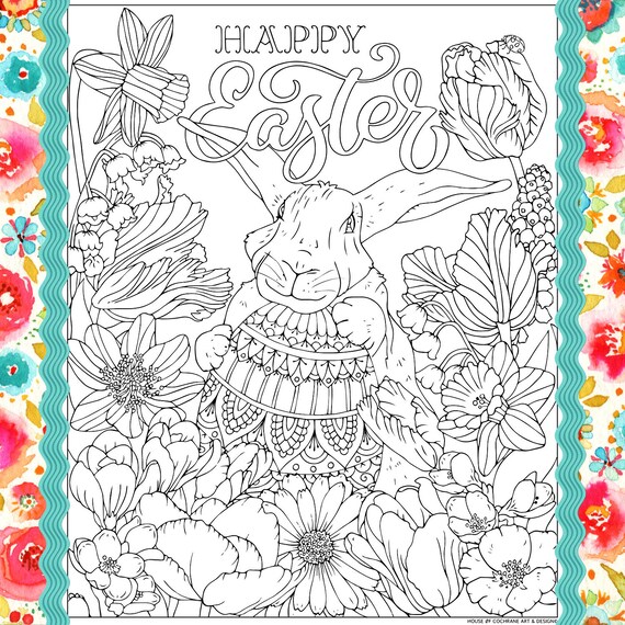 Joyeuses pãques floral bunny adult coloring page tãlãchargement numãrique imprimable instantanã