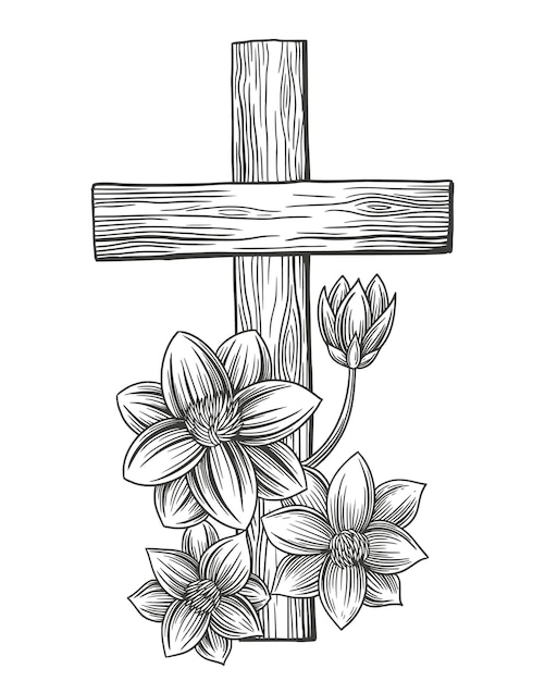 Joyeuses pãques croix et fleurs de lys fleuries pãques symbole du christianisme vecteur dessinã ã la main vecteur premium