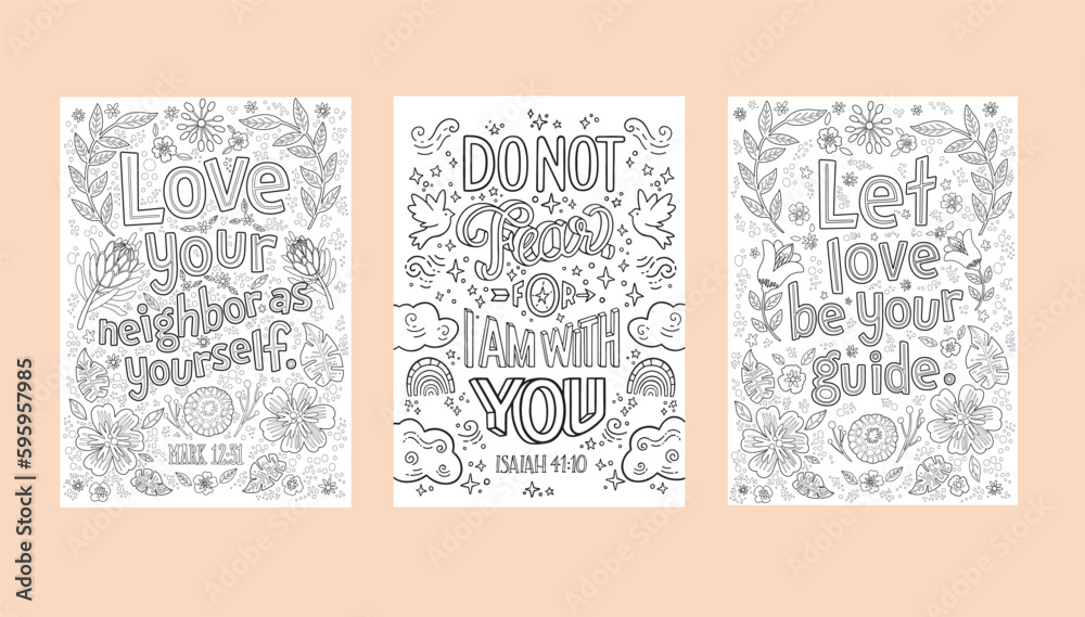 Set of christian religious coloring pages for children and adults bible verses emotional support during crisis times printable lettering illustration modern typography adult coloring hobby vector