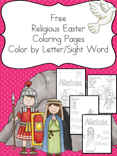 Free religious easter color by letter and sight word worksheets