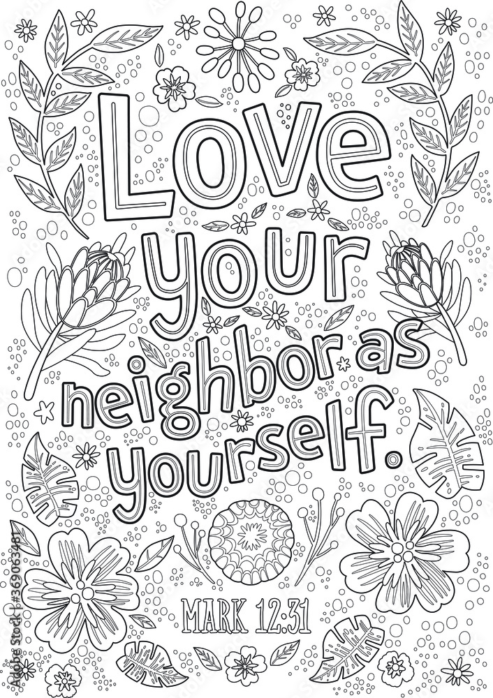 Adult lettering coloring pages bible verse christian religious typography poster bible verse love your neighbor as yourself vector