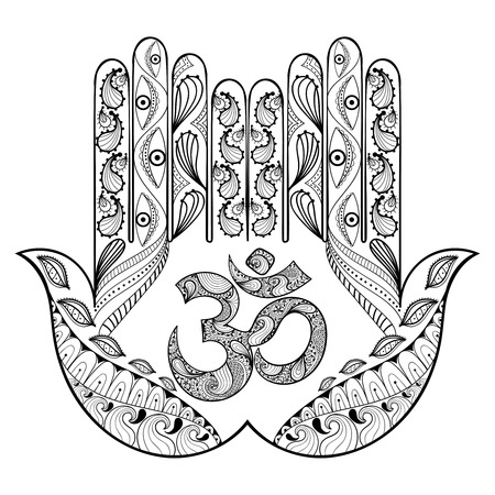 Hand drawn protection hamsa hand for adult coloring pages in doodle zentangle tribal style henna ethnic ornamental tattoo with ohm sign indian religion vector illustration for patterned t