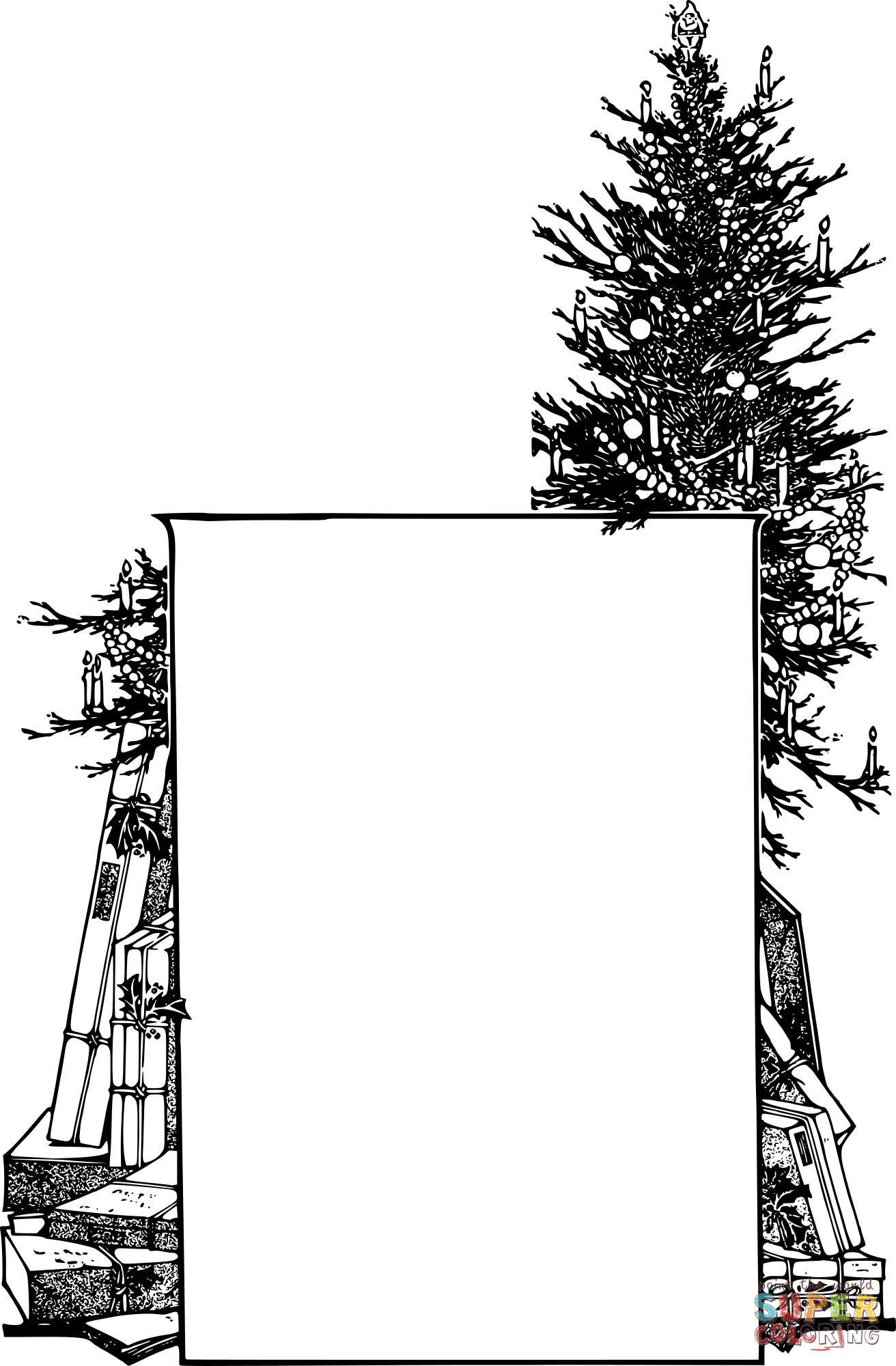 Vintage christmas tree frame coloring page free printable coloring pages