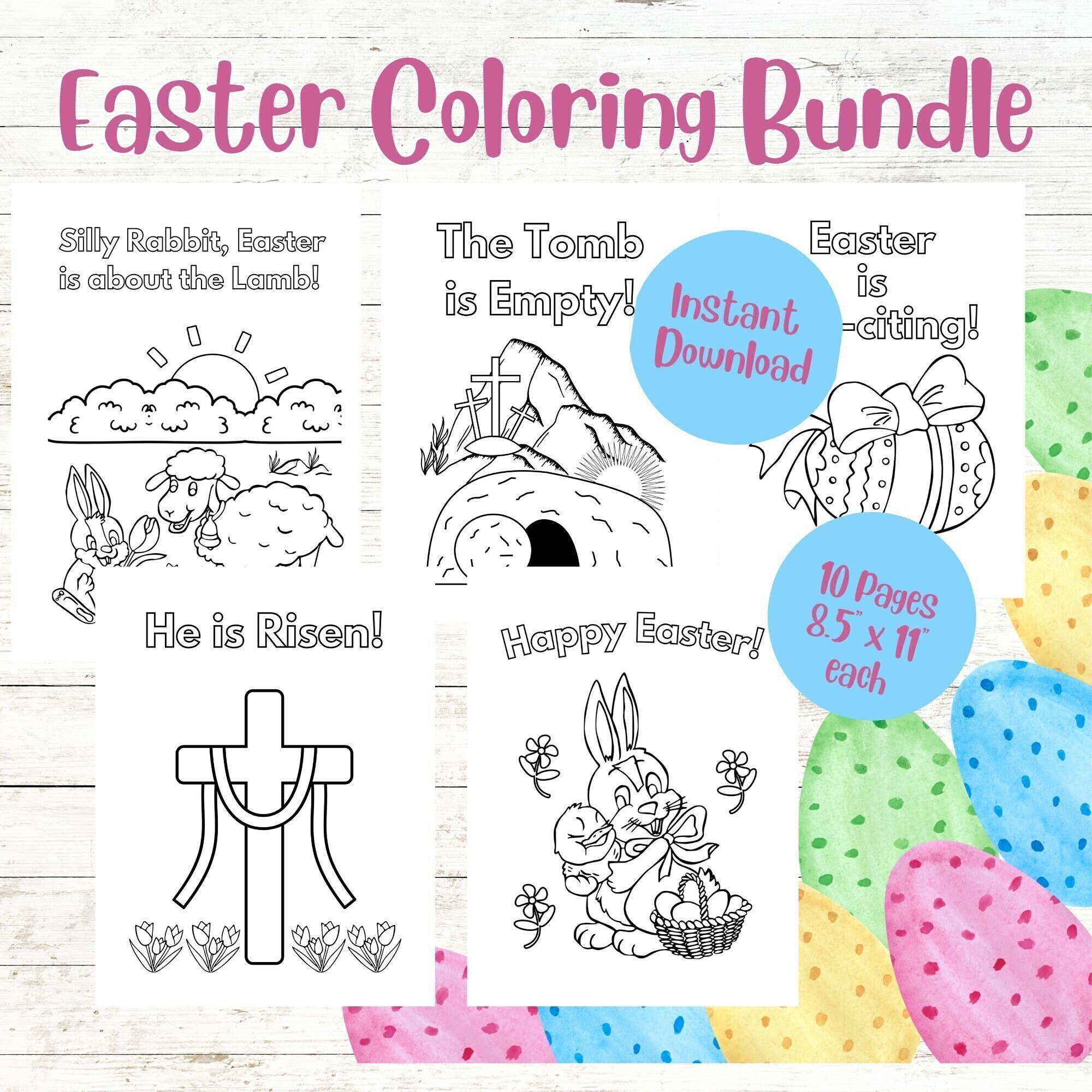 Printable easter coloring page bundle digital download religious colouring jesus he is risen christian preschool sunday school