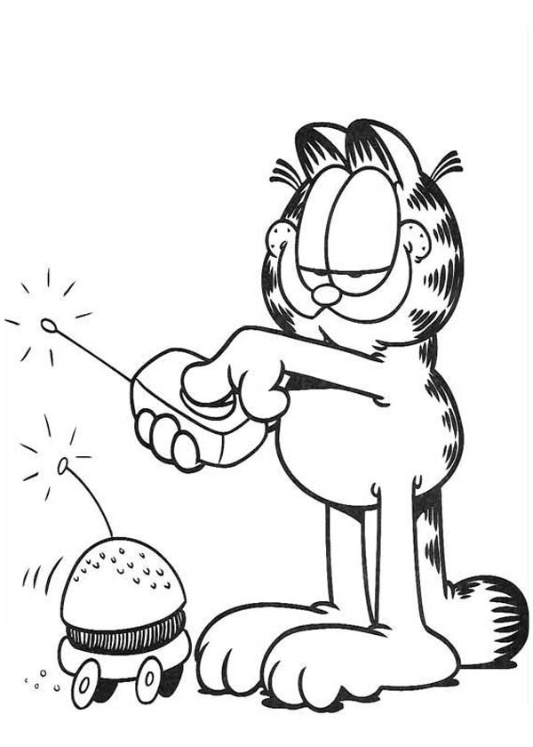 Garfield playing remote control hamburger shaped car coloring page