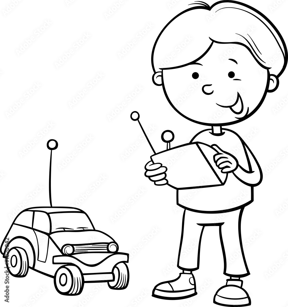 Boy and remote car coloring page vector