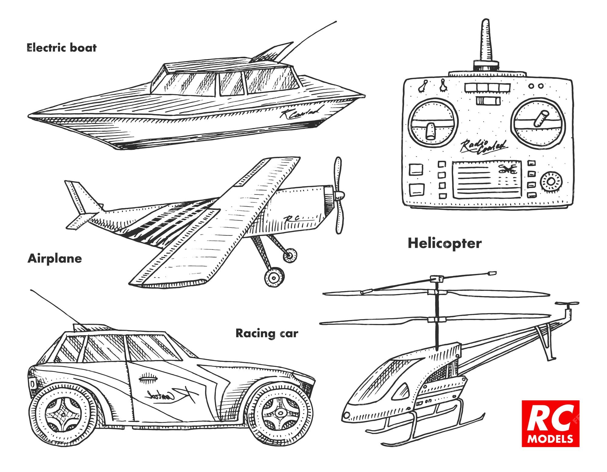 Premium vector rc transport remote control models toys design elements for emblems boat or ship and car or machine revival radios tuner broadcasting system innovative technologies engraved hand drawn