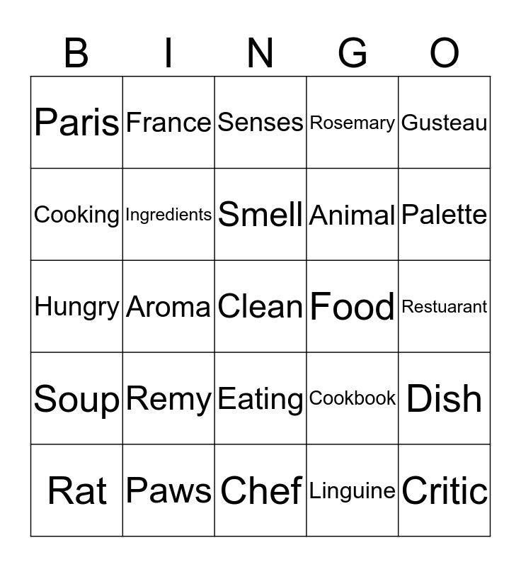 Ratatouille movie bingo card