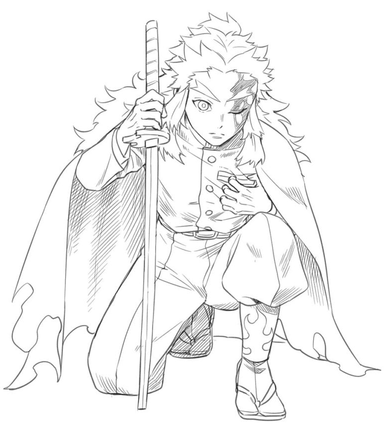 Rengoku kyojuro kneeling on the ground coloring page printable