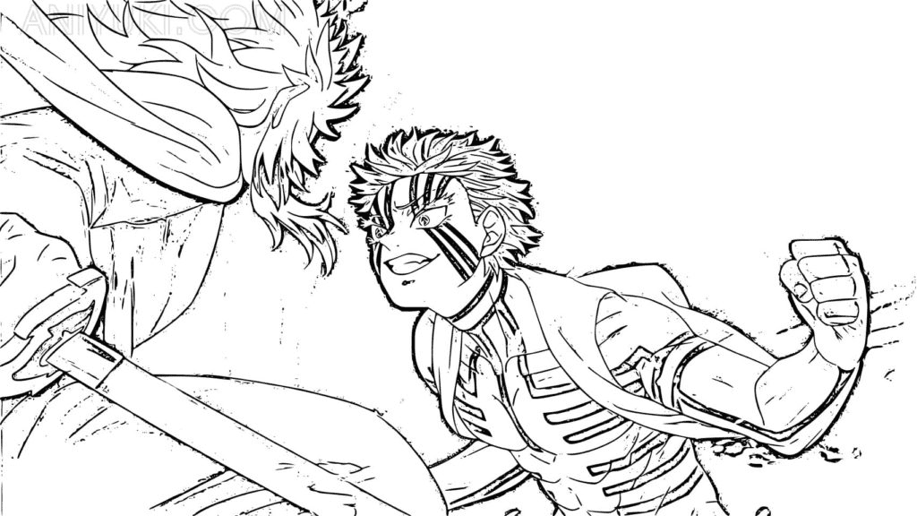Rengoku against akaza in the manga demon slayer coloring page printable