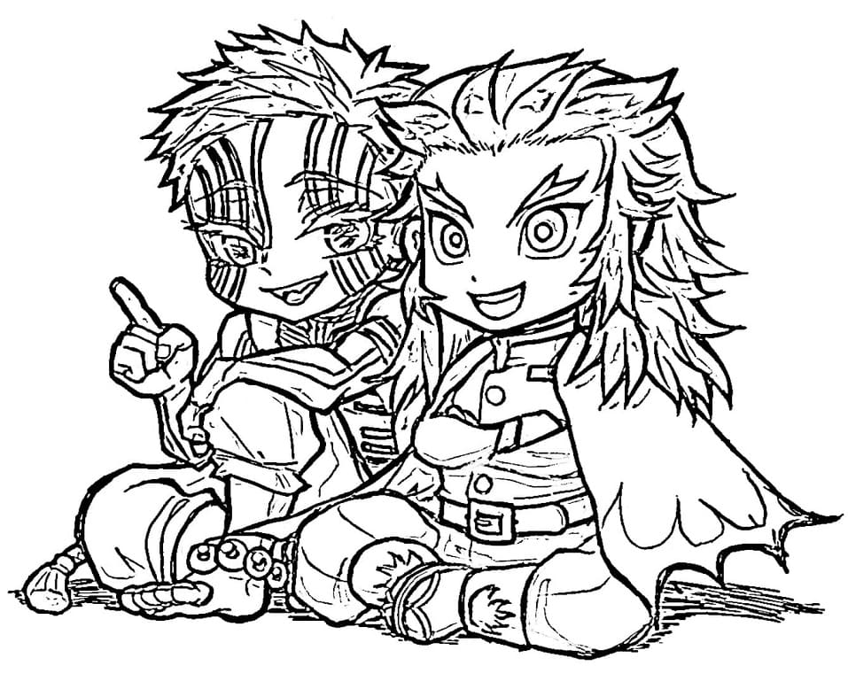Chibi akaza and rengoku coloring page