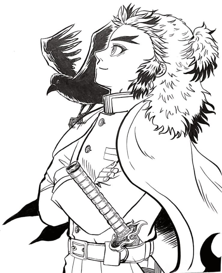 Rengoku kyojuro and his crow coloring page