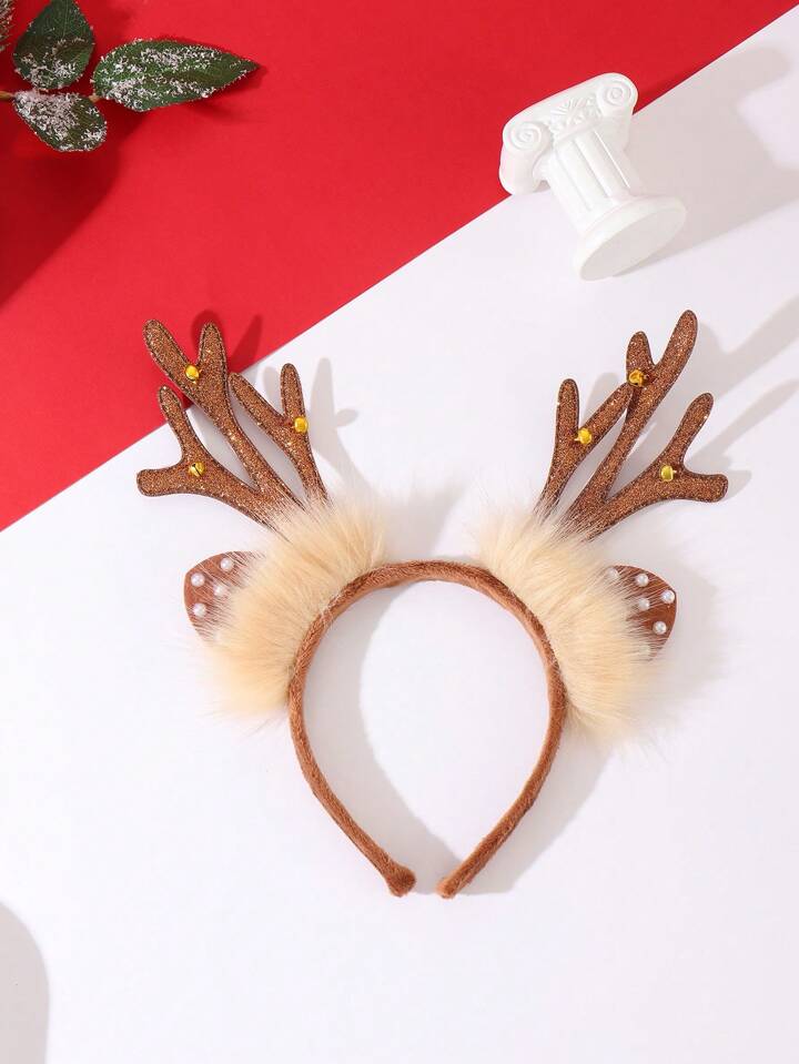 Pc childrens christmas reindeer antlers headband with glittering brown color gold bell pearl ears plh material flexible diy shapeable party costume hair accessories for kids a