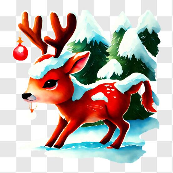 Download cartoon reindeer in the snow with ornament png online