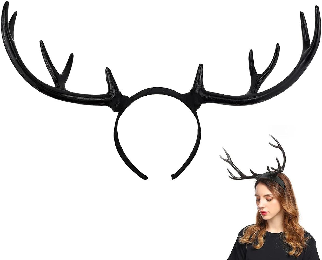 Fercaish reindeer antler headband black deer horn elk headband headpiece for christmas party large antler ears hairband clothing shoes jewelry