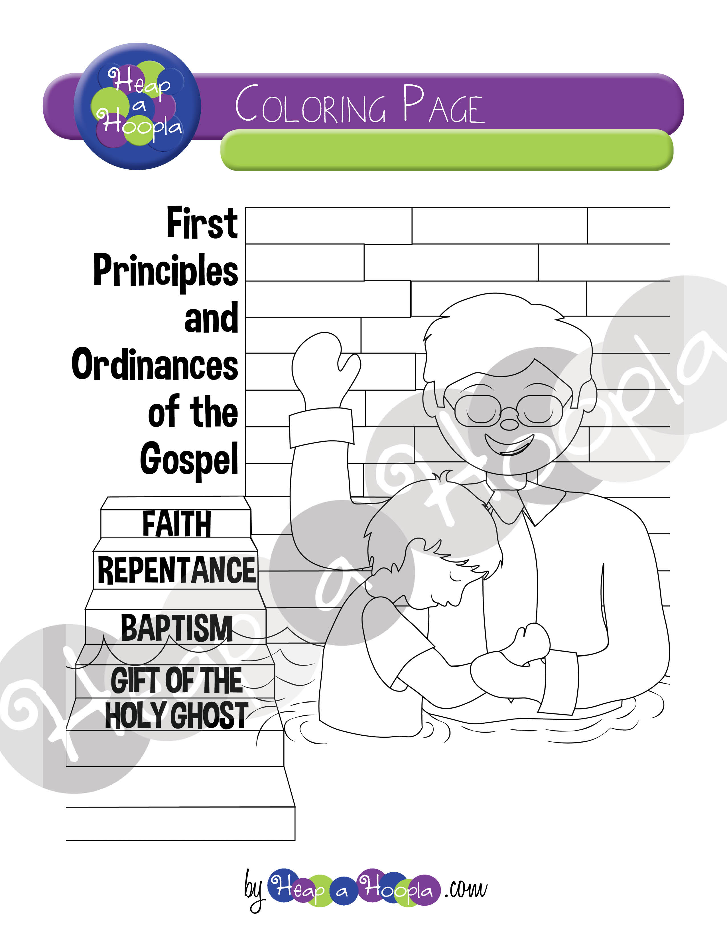 Coloring page of the first principles and ordinances of the gospel