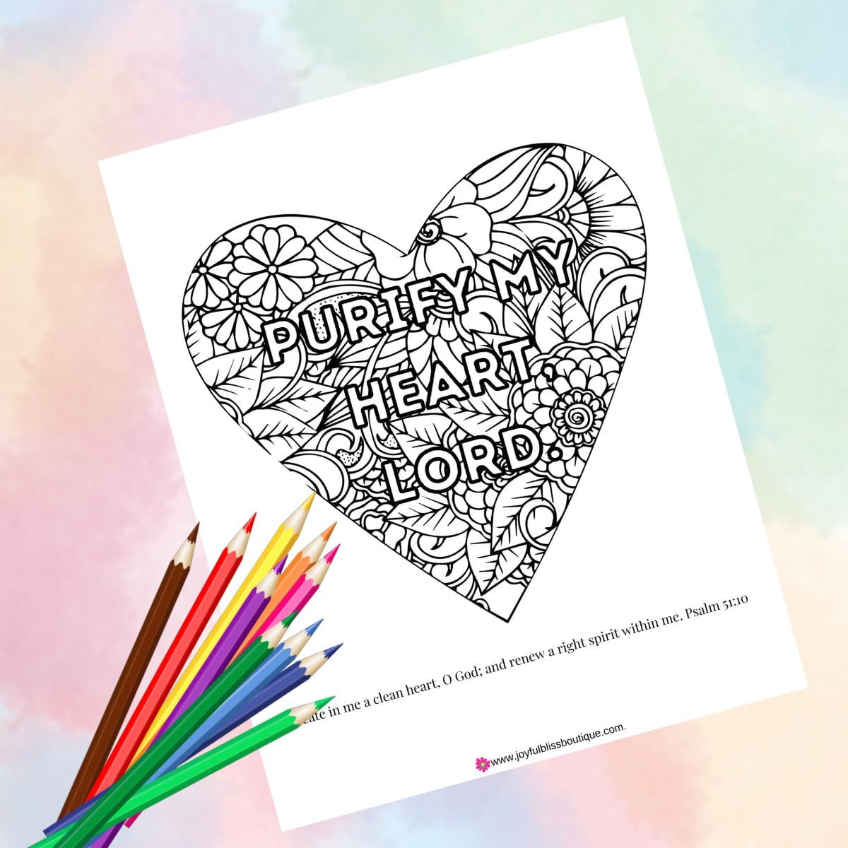 Pure heart adult coloring page bundle create in me a clean heart o go â joyful bliss boutique