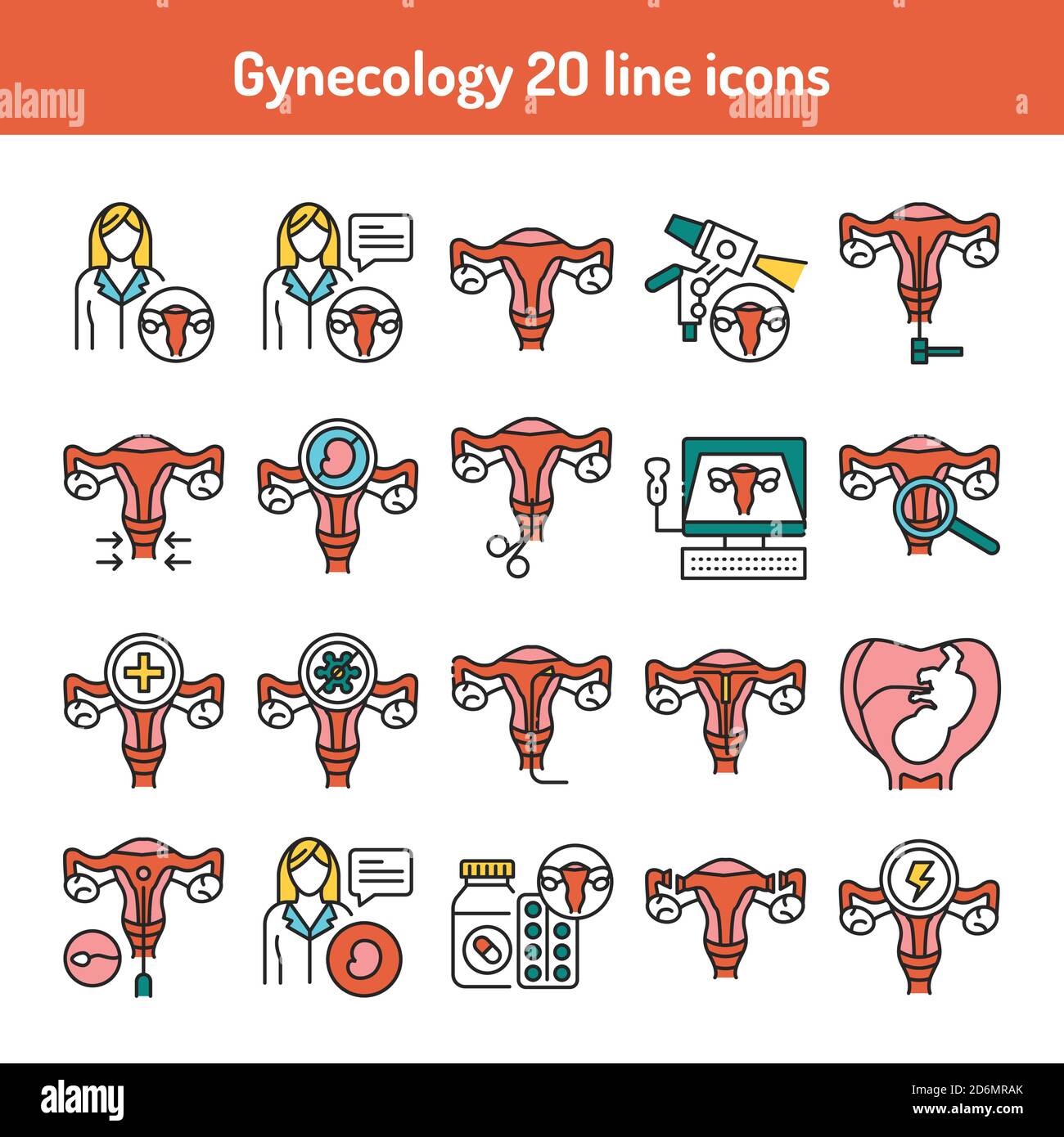 Gynecology color line icon female reproductive system medical checkup pictogram for web page mobile app stock vector image art