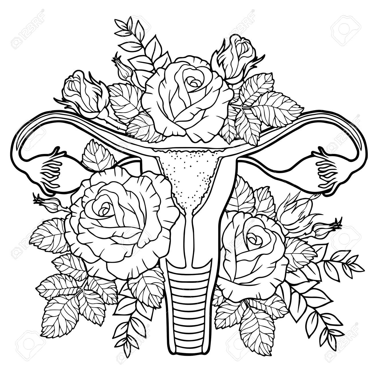 Healthy beauty female reproductive system made of blossom flowers vector coloring for adult royalty free svg cliparts vectors and stock illustration image