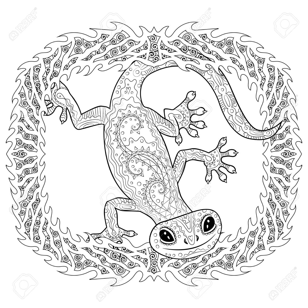 Coloring page with gecko in patterned style black white hand drawn doodle with reptile for art therapy sketch for cover poster print t