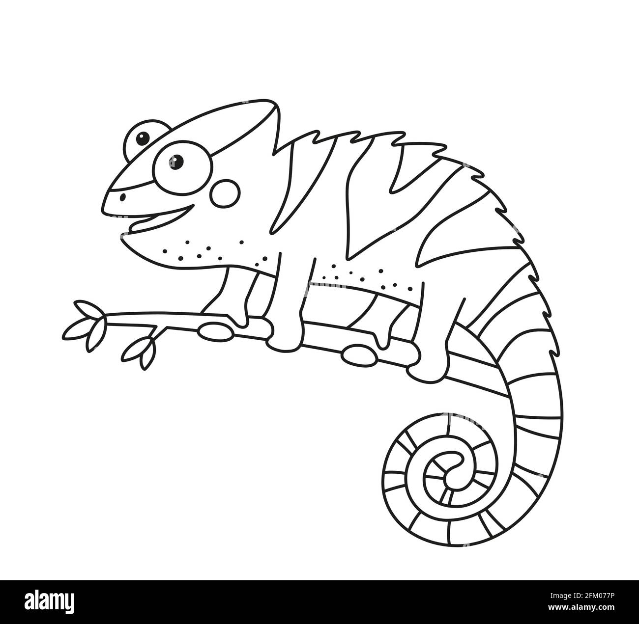 Funny chameleon lizard character for kid coloring book reptile with curved tail sitting on branch of jungle tree isolated vector illustration on stock vector image art