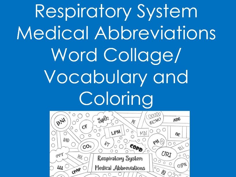 Respiratory system medical abbreviations word collage coloring nursing teaching resources