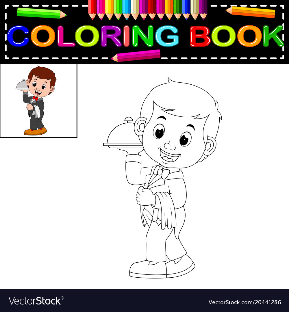Waiter restaurant serving coloring book royalty free vector