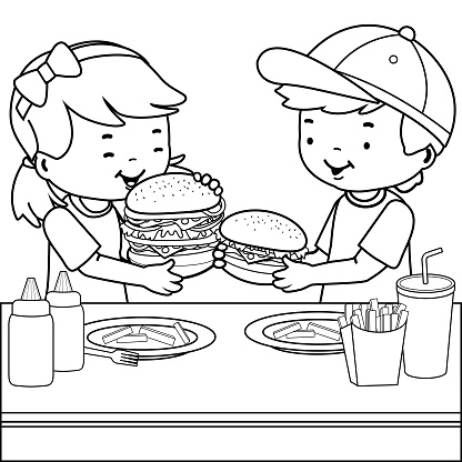 Children at a restaurant eating hamburgers vector black and white coloring page stock illustration