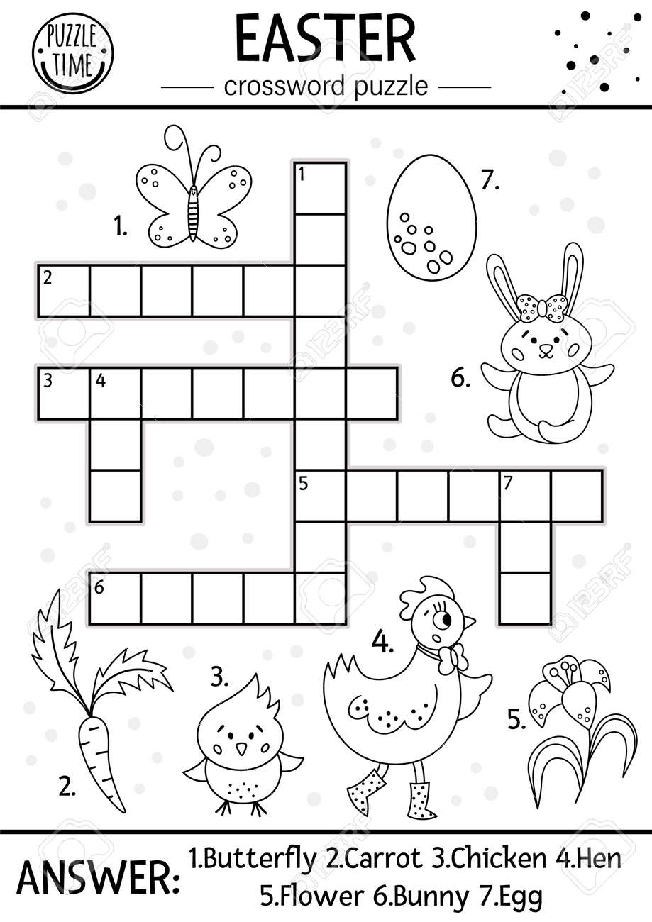 Vector black and white easter crossword puzzle for kids simple spring quiz with holiday objects and animals for children activity or coloring page with traditional symbols and garden theme royalty free svg