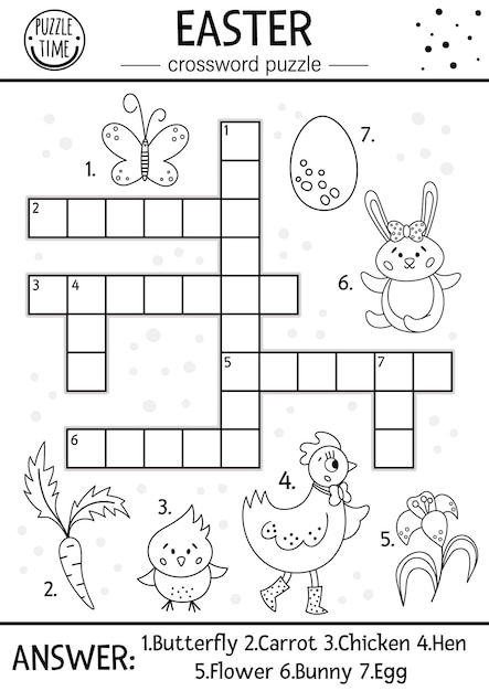 Premium vector vector black and white easter crossword puzzle for kids simple spring quiz with holiday objects and animals for children activity or coloring page with traditional symbols and garden themexa