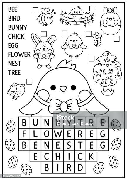 Vector black and white kawaii easter egg shaped word search puzzle for kids spring holiday quiz