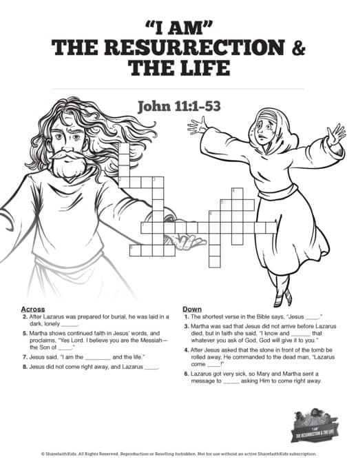 John i am the resurrection and the life sunday school crossword puzzles â