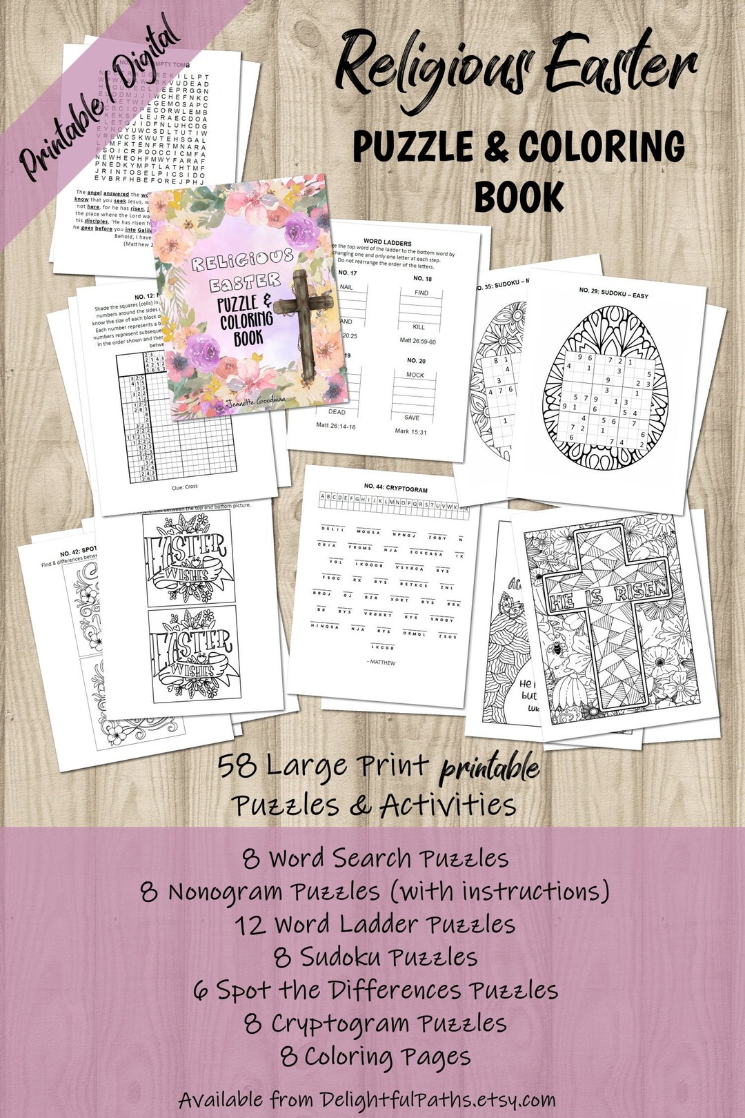 Printable religious easter puzzle coloring book sudokus word search cryptograms nonograms spot the difference word ladder coloring