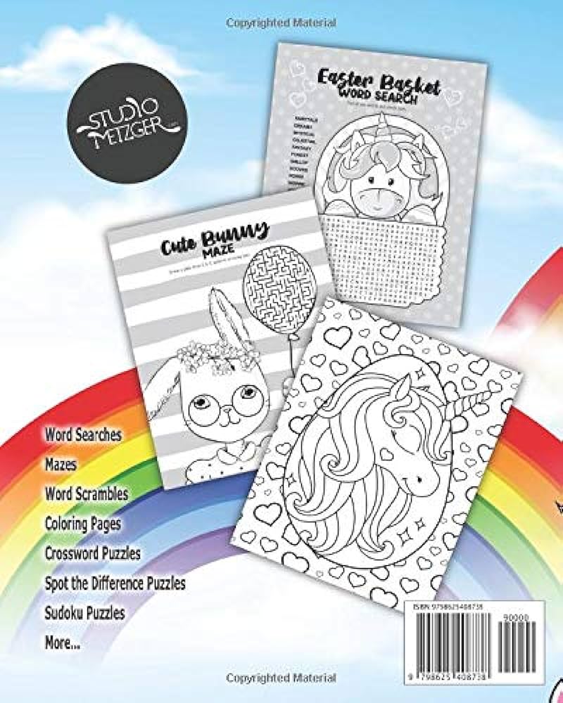 Magil unicorn easter activity coloring book for kids crossword puzzles word search fun shaped mazes spot the difference sudoku lots of pages to color more studiometzger kreative on the brain