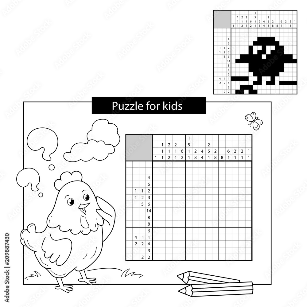 Education puzzle game for school children chick with worm black and white japanese crossword with answer coloring page outline of chicken coloring book for kids vector