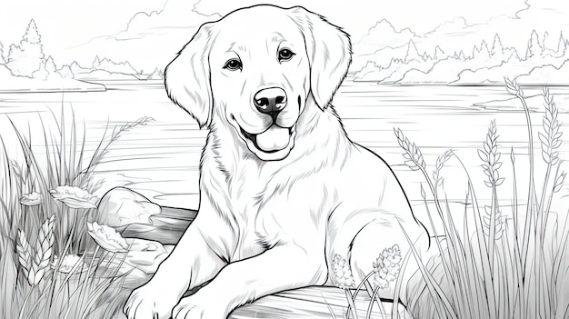 Premium vector kids color book golden retriever in a lake
