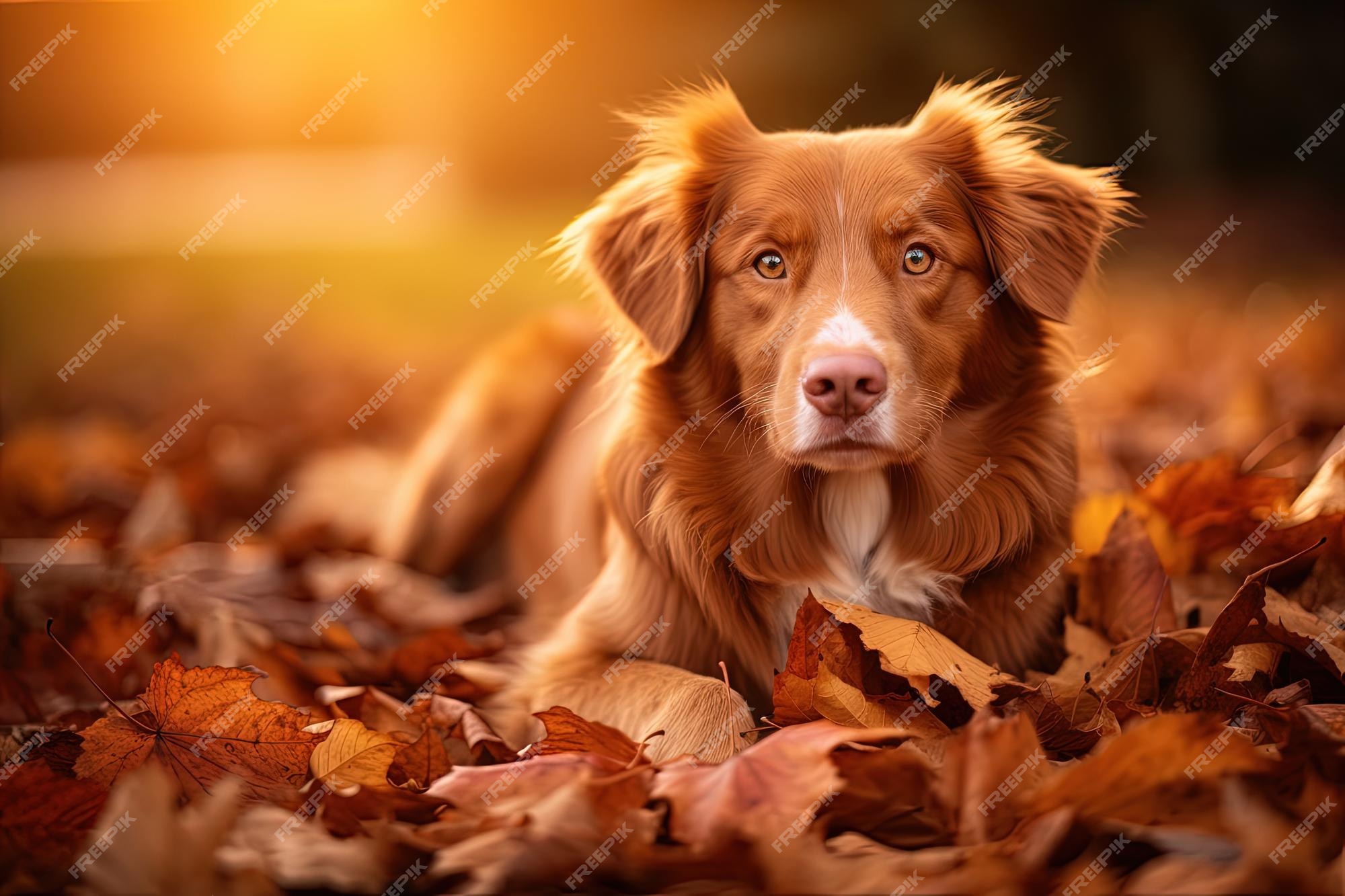 Atmãsfera otoãal con un canino retriever de peaje de pato de nueva cocia rodeado de foliag dorado y rojo foto premium